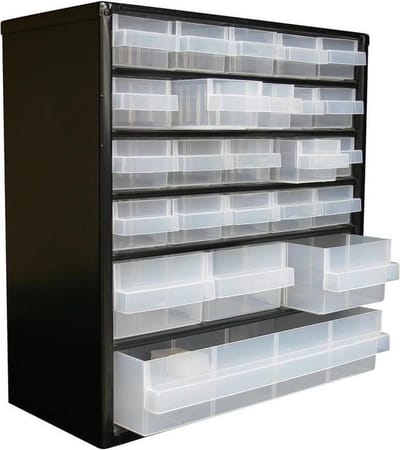 Raaco Ladekast met 24 lades - Metalen Assortimentskast - Opbergsysteem voor o.a. schroeven en bouten - Kan aan de muur bevestigd worden - Incl. 10 tussenschotjes - 330x150x306 mm