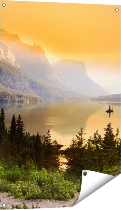 Gards Tuinposter Bergen met een Meer in Nationaal Park Glacier - 60x90 cm - Tuindoek - Tuindecoratie - Wanddecoratie buiten - Tuinschilderij