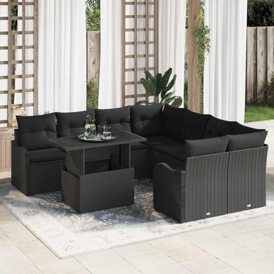 vidaXL - Tuinbank - Set - 9 - st - 8-Aantal - zitplaatsen - Zwart - Polyrattan