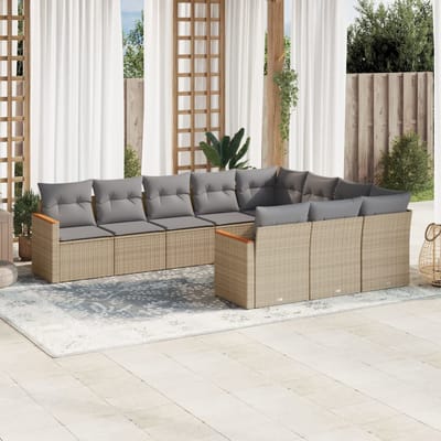 vidaXL - 10-delige - Loungeset - met - kussens - poly - rattan - gemengd - beige