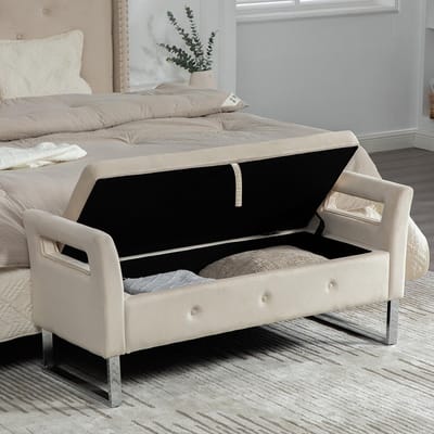 BLACKCOLORS Opbergpoef van fluweel met armleuningen voor de woonkamer, de hal en de slaapkamer, beige