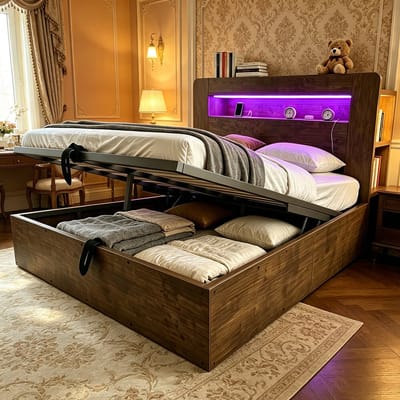 HAUSS SPOLE Bedframe 140x200 cm - Met Hydraulische Opbergruimte, Led En Stopcontacten - Zonder Matras - Hout - Houtkleur
