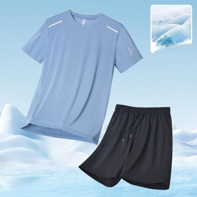 Zomer sportpak sneldrogend T-shirt shorts heren licht en ademend casual XXXXL meer blauwe kleur