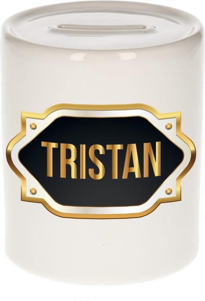 Spaarpot met voornaam Tristan - wit - met goud/zwart embleem - 8 x 9 cm - keramiek - met afsluitdop - cadeau verjaardag