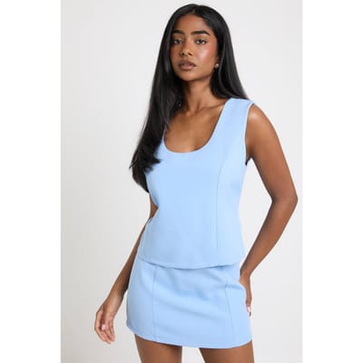 boohoo Dames Getailleerde Top Met Ronde Hals & Mini Rok Co-ord | Babyblauw | Maat: 38
