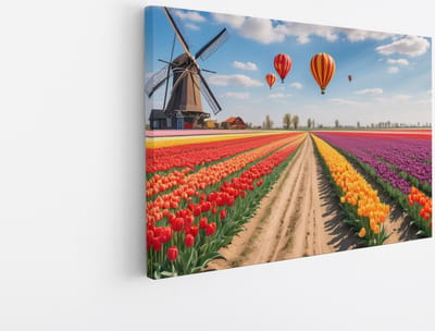 Saammp Canvas Schilderij - Landschap - Luchtballonnen boven een tulpenveld met een molen - Natuur - 45x30 - Foto op canvas - Wanddecoratie - Muurdecoratie Woonkamer - Slaapkamer decoratie - Canvas Print