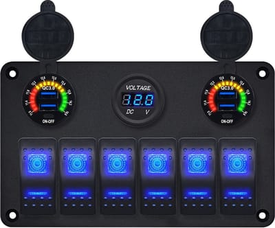 ProRide Schakelpaneel 12V voor Auto/Boot - USB Lader 4 Poorten met Voltmeter - QC3.0 - 6 Schakelaars