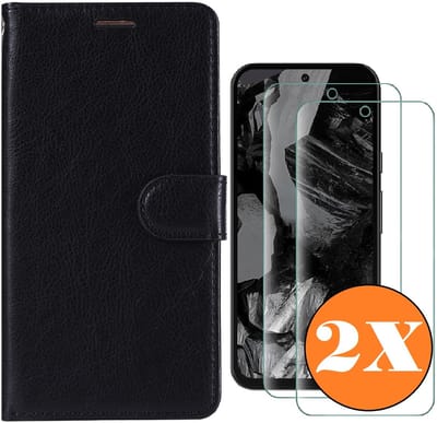 Hoesje geschikt voor Google Pixel 8A hoesje Zwart pasjeshouder telefoon hoes - Met screenprotector tempered glass voor Google Pixel 8A - 2x