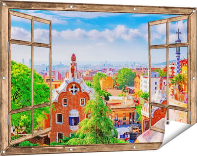 Gards Tuinposter Doorkijk Park Güell in Barcelona - Kleurrijk - 120x80 cm - Tuindoek - Tuindecoratie - Wanddecoratie buiten - Tuinschilderij