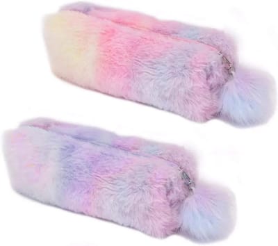 Fluffy Regenboog Pennenzak Set van 2 voor Meisjes - Schattige en Zachte Pennenhouder, Make-up Etui en Kleurige Opbergzakken voor Schoolbenodigdheden, Grote Capaciteit