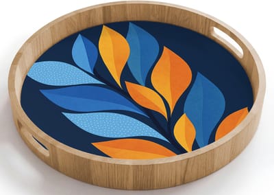 Dienblad rond 40x40 cm - Schootdienblad hout - Abstract - Bladeren - Blauw - Borrelplank rechthoek - Plateau houten dienbladen