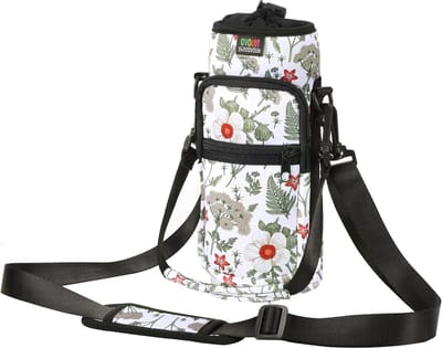 Water Bottle Carrier Bag - Adjustable Shoulder Hand Strap - 2 Pocket Sling Neoprene Sleeve - Sports Water Bottle Accessories - Hiking Travelling Camping - White Hibiscus bottle bag