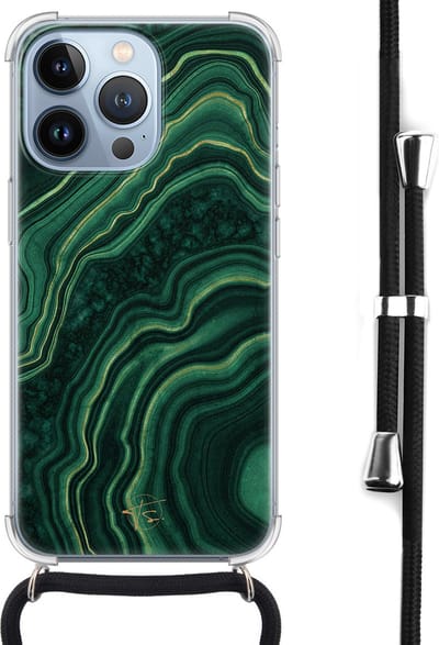 Hoesje met koord geschikt voor iPhone 13 Pro - Agate groen - Inclusief zwart koord - Crossbody beschermhoes - Transparant, Groen - Mooie Telefoonhoesjes
