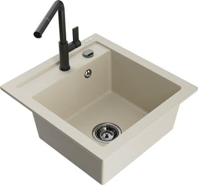 Mexen Vito granieten gootsteen 1-komerig met keukenkraan Flora, beige - 6503-69-670401-70-B