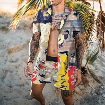 Mode Hawaï 2 Delig Set Shirt Strandstijl Mannen 3D Print Vakantie Trend Pakkraag Korte Mouw Shirt Korte Hawaiiaanse Kleding 3XL gray