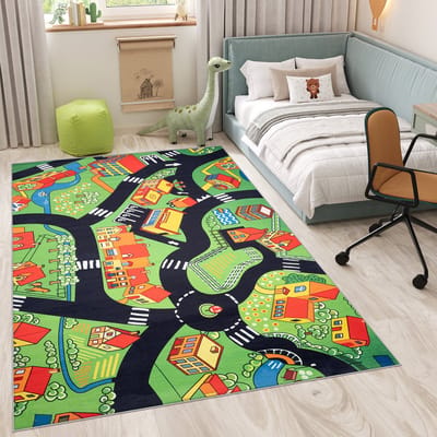Tapiso Flannel Printed Kindertapijt Antislip Groen Stad Kinderkamer Vloerkleed Maat- 80x150