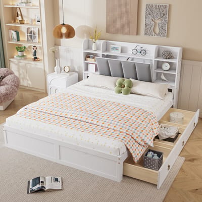 Tweepersoonsbedden - 160x200cm - Dubbelbed Met Open Rek, 3 Lades Op Rollen, Metal Griffen, Klapdeur Opslag - Kiefer + MDF + Fluweel - Wit/Grey