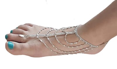 Voetsieraad meerrijig teenring zilver met enkelbandje