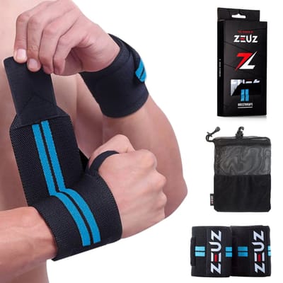 ZEUZ 2 Stuks Polsband voor Fitness & CrossFit - Wrist wraps – Krachttraining – Polsbrace – Blauw & Zwart