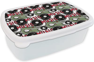 Broodtrommel Wit - Lunchbox - Brooddoos - Patronen - Muziek - Vinyl - 18x12x6 cm - Volwassenen