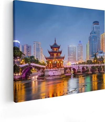 Artaza Canvas Schilderij Stad - 50x40 cm - Wanddecoratie China - Muurdecoratie Pagode Verlicht - Kamer Accessoires