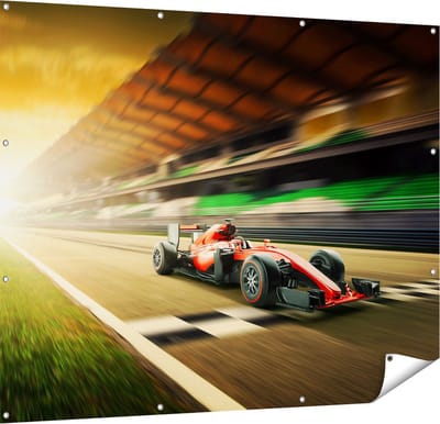 Gards Tuinposter Formule 1 Auto bij de Finish in het Rood - 150x120 cm - Tuindoek - Tuindecoratie - Wanddecoratie buiten - Tuinschilderij