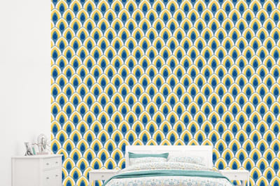 Behang - Fotobehang Design - Patroon - Retro - Geel - Blauw - Breedte 245 cm x hoogte 220 cm