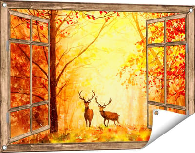 Gards Tuinposter Doorkijk Getekende Herten in het Bos - Herfst - 90x60 cm - Tuindoek - Tuindecoratie - Wanddecoratie buiten - Tuinschilderij