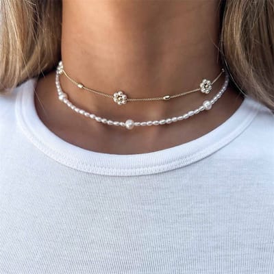 Choker - Dubbele ketting - Parels - Bloemetjes