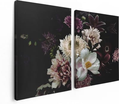 Artaza Canvas Schilderij Tweeluik Diverse Bloemen Op Zwart Achtergrond - 120x80 cm - Wanddecoratie Woonkamer - Schilderijen - Muurdecoratie
