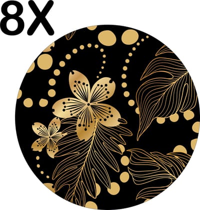 Luxe Ronde Placemat - Gouden Chinese Bloemen op Zwarte Achtergrond - Set van 8 Placemats - 50x50 cm - 2 mm dik Vinyl - Anti Slip - Afneembaar
