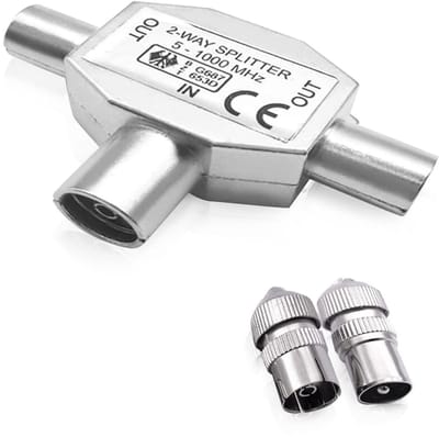 EXCITAT Antennesplitter - T koppeling - Splitter voor twee apparaten - met adapter - voor kabel-tv - Zilver
