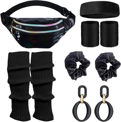 Retro 80s dames outfit met kostuum, accessoires, hoofdband, beenwarmers en oorbellen voor carnaval en themafeesten