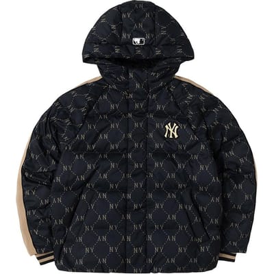 MLB New York Yankees Logo Imprimé Lettres Patchwork Floral Vintage Chaud Duvet de Canard Veste Longue à Capuche Doudoune Veste Unisexe 3ADJM0546-50BKS S black