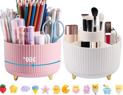 360 Graden Rotating Pen Holder met 5 Opbergvakken voor Pennen - Desk Organizer voor Kantoor, School en Thuis in Wit en Roze