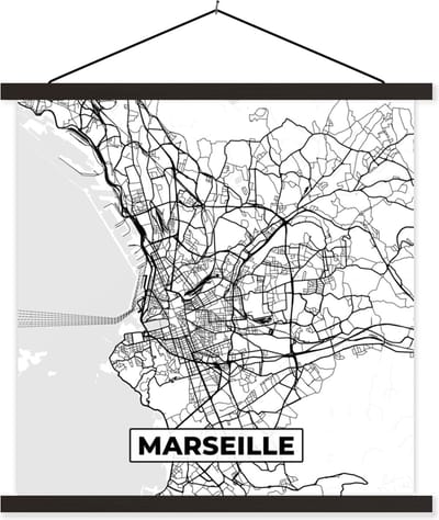 Posterhanger incl. Poster 60x60 cm - Schoolplaat - Kaart - Plattegrond - Marseille - Frankrijk - Stadskaart - Zwart wit - Textielposter - Zwarte latten - Stadskaart