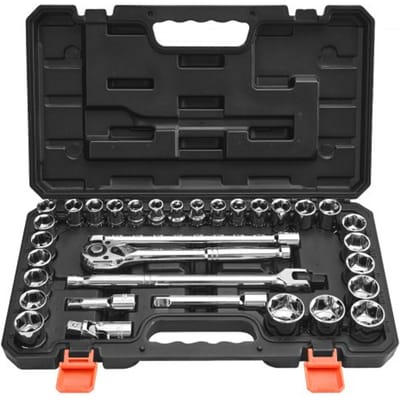 VEVOR 33-Delige Dopsleutelset, 12,7 Mm Aandrijfdoppen en Ratelset, Sae en Metrisch, Gereedschapsset Met Ratelsleutels, Verlengstuk, Draagkoffer, Cr-V-Gelegeerd Staal