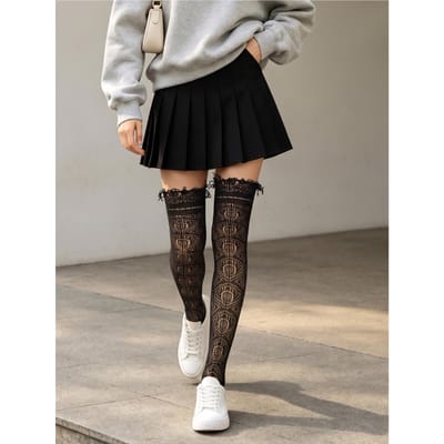 4 Paar Verpakking Kantrand Visnet Kniehoge Sokken Dames Vintage Holle Mesh Sokken One Size black