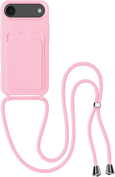 Hoes Geschikt voor iPhone Air Hoesje Pas Houder Case Hoes Met Koord - Hoesje Geschikt voor iPhone Air Hoes Met Telefoonkoord Pasjeshouder Cover - Lichtroze