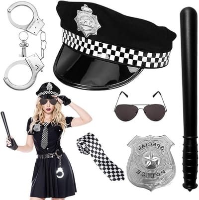Politie Kostuum Accessoires Set voor Vrouwen, 7-delige Set met Handboeien, Badge en Baton voor Cosplay en Feestjes