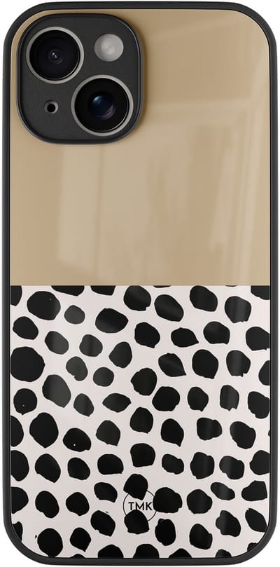 Hoesje geschikt voor Apple iPhone 14 - Brown dots abstract - Bruin - TPU luxe case (glossy toplaag) - Geometrisch patroon - Hardcase backcover zwart