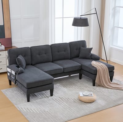 MIVRAY U-bank 250 x 130 x 88 cm - Met Twee Chaise Longues, USB En Opbergvakken - Voor Woonkamer - Linnen Donkergrijs