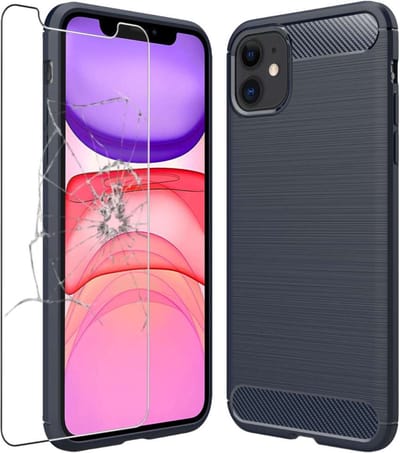 ebestStar - Hoes geschikt voor iPhone 11 Apple, TPU Bescherming Cover, Koolstof Design Hoesje, Donkerblauw + Gehard Glas