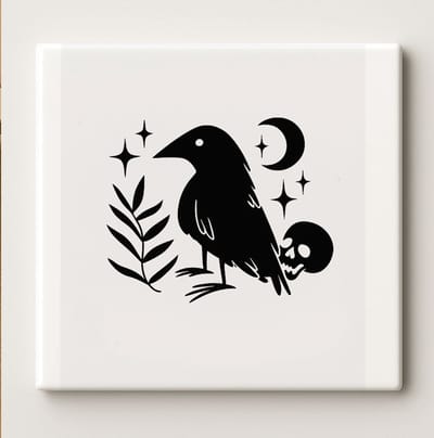Gothic Raaf en Schedel Tegel - 15x15cm Occult Heksenhuis Decoratie | Mystieke Kraai en Maan Wandtegel