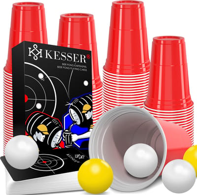 KESSER® Beer Pong Cup Set met Kaart Set 54 Kaarten, Bier Pong Drinkspellen Party Cup Sets (100 kopjes 473ml + 10 ballen) Bier Pong Cups voor Volwassenen Spelavond Verjaardagsfeestje Spel Bruiloft - Rood