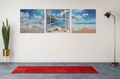 Drieluik Canvas Schilderij Zee en Strand – Open Raam Landschap Wanddecoratie - 3x40x40 cm