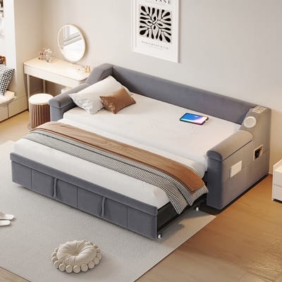 Komhtom Gestoffeerde slaapbank, 90/180*190 cm, bredere en dikkere armleuningen, met intelligent Bluetooth-stereosysteem met USB-poort, met opbergvakken, met lattenbodem, fluweelstof, grijs