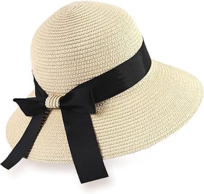 VHV - Strohoed - Dames zonnehoed met brede rand en strik - Opvouwbaar voor strand, reizen en outdoor - Beige
