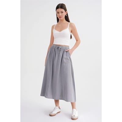 Hoge Taille Poplin Rok met Trekkoorddetail