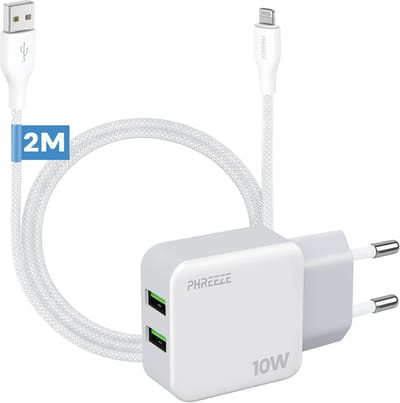 Usb stekker 2 poorten met kabel geschikt voor iPhone 14 13 12 11 X 8 7 6 Plus - Usb power adapter 5v 2a - 2 meter